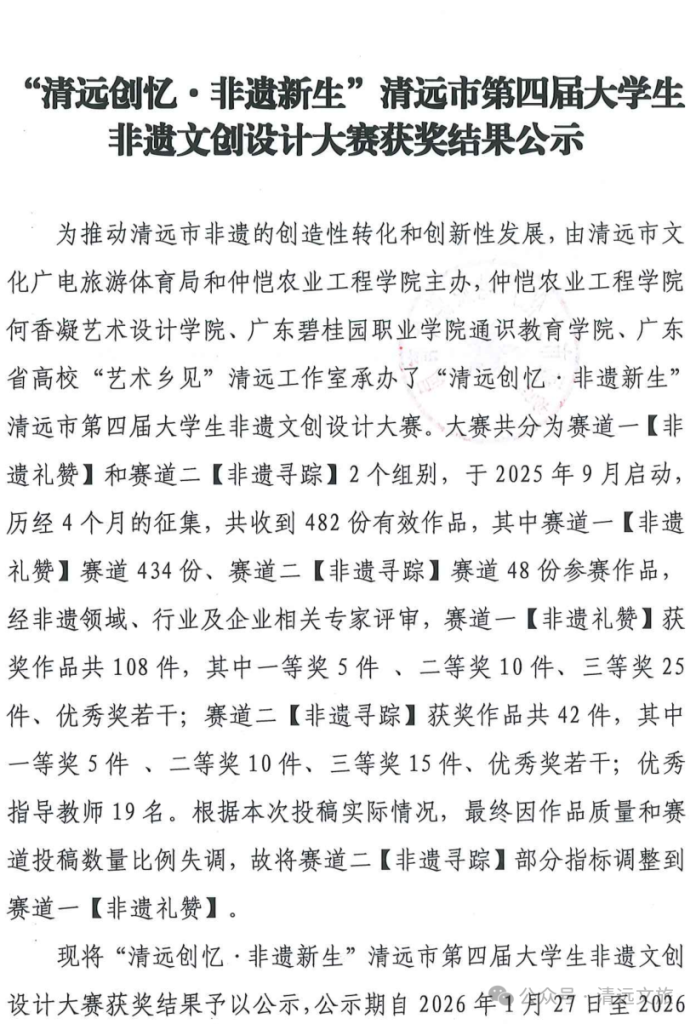 2025“清远创忆·非遗新生”清远市第四届大学生非遗文创设计大赛获奖结果公示-掌上艺赛-全球设计大赛及作品征集网站!发布标志logo征集、工业大赛、包装大赛、文创大赛、旅游商品大赛、吉祥物征集、建筑大赛、服装大赛、广告语征集、歌曲征集、征文征名、摄影大赛、书法大赛资讯征集平台